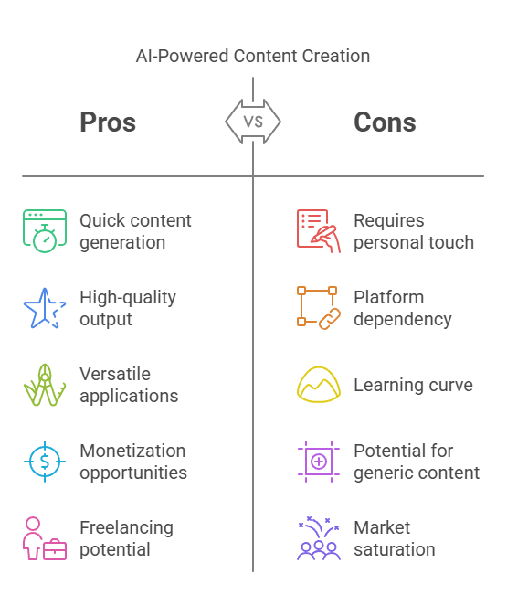 An infographic comparing the pros and cons of AI-powered content creation, highlighting benefits such as quick content generation and monetization potential, and drawbacks like the need for a personal touch and platform dependency
