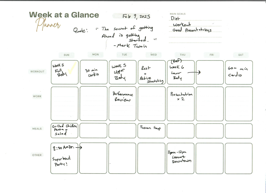 Filled-out weekly planner example