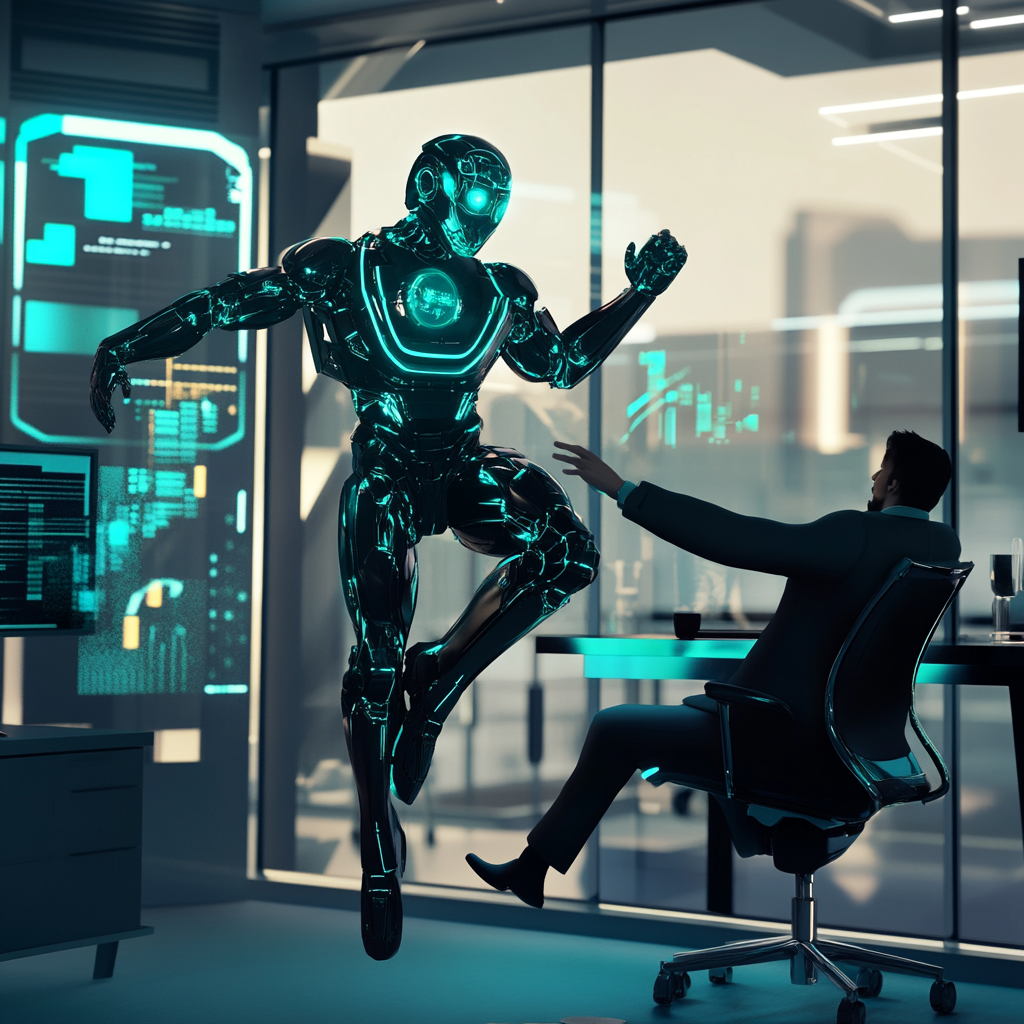 Professional future-proofing career with AI by collaborating with advanced humanoid robot in modern office environment