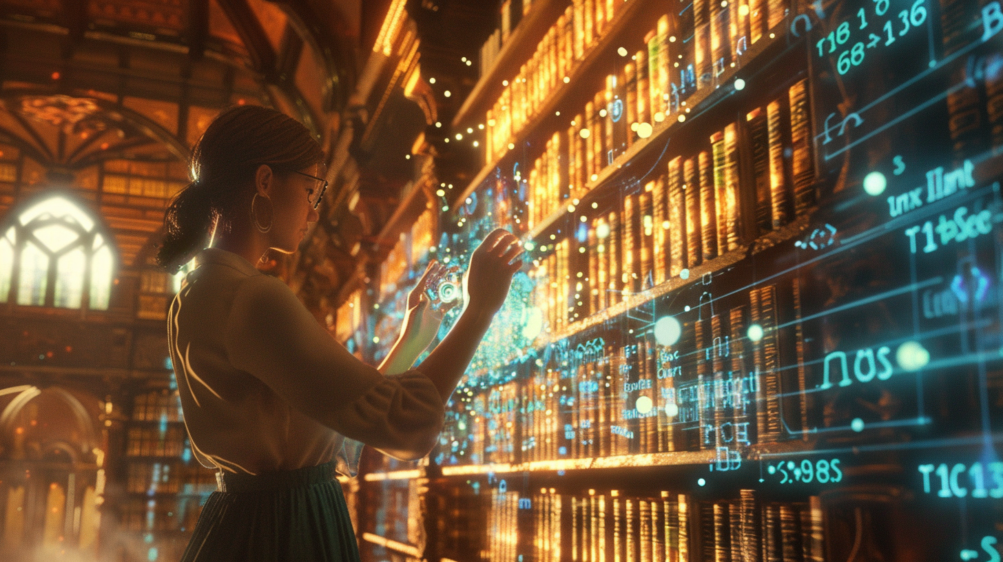 Woman in a magical library interacting with glowing data streams and probability patterns emerging from ancient books