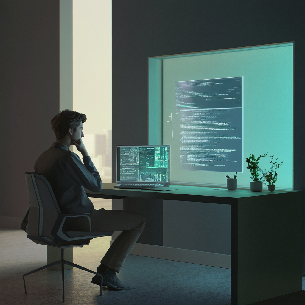 Content creator in dark room examining code on screen, representing AI-powered content repurposing