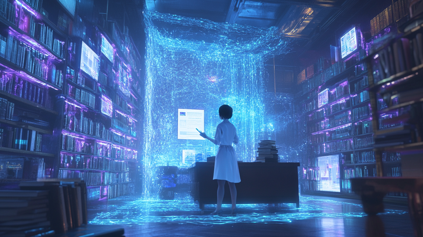Futuristic researcher using Deep Research AI technology to analyze and synthesize information from multiple sources in a digital knowledge environment.