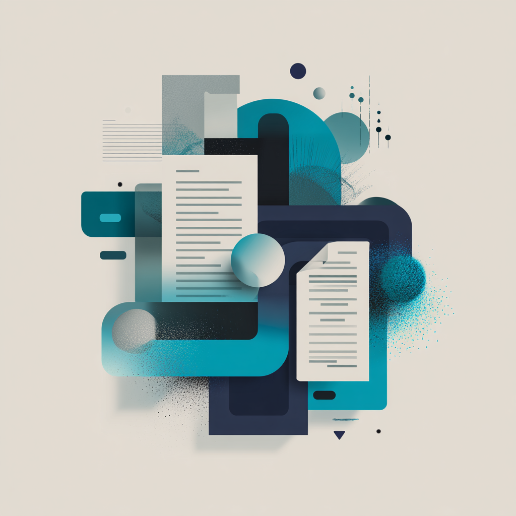 Modern abstract illustration showing document analysis and AI processing, with geometric shapes in teal and navy representing papers being transformed into digital summaries