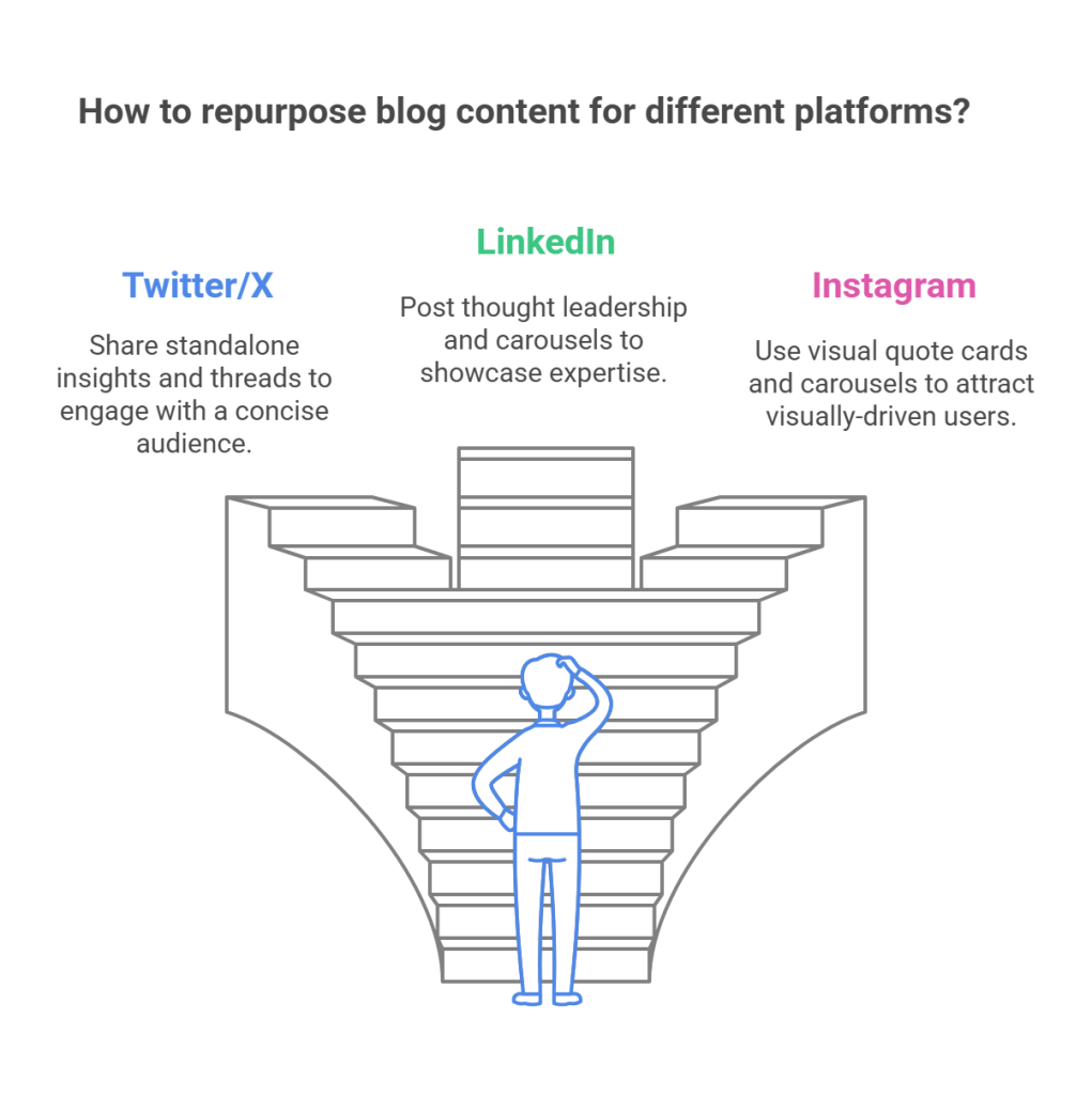 Diagram showing how to repurpose blog content for Twitter, LinkedIn, and Instagram platforms