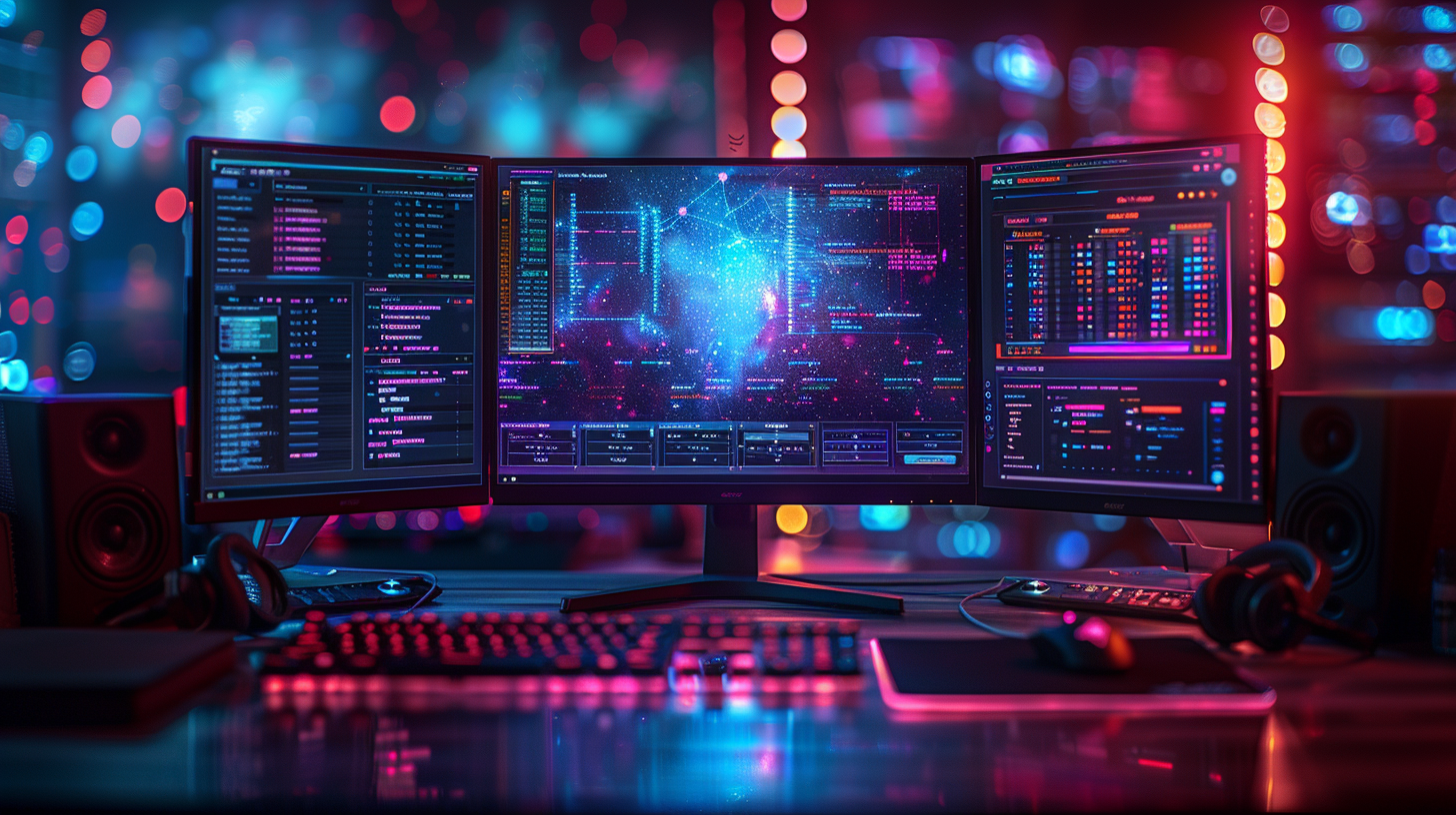 AI prompt optimization workstation with three-monitor setup displaying data visualizations and model interfaces in blue and pink lighting