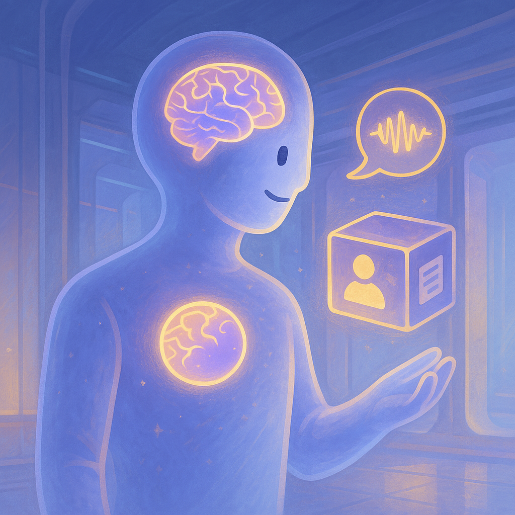 “Illustration of an AI with brain, voice, and memory elements representing April 2025 advancements in Llama 4, Amazon Nova, and ChatGPT.”