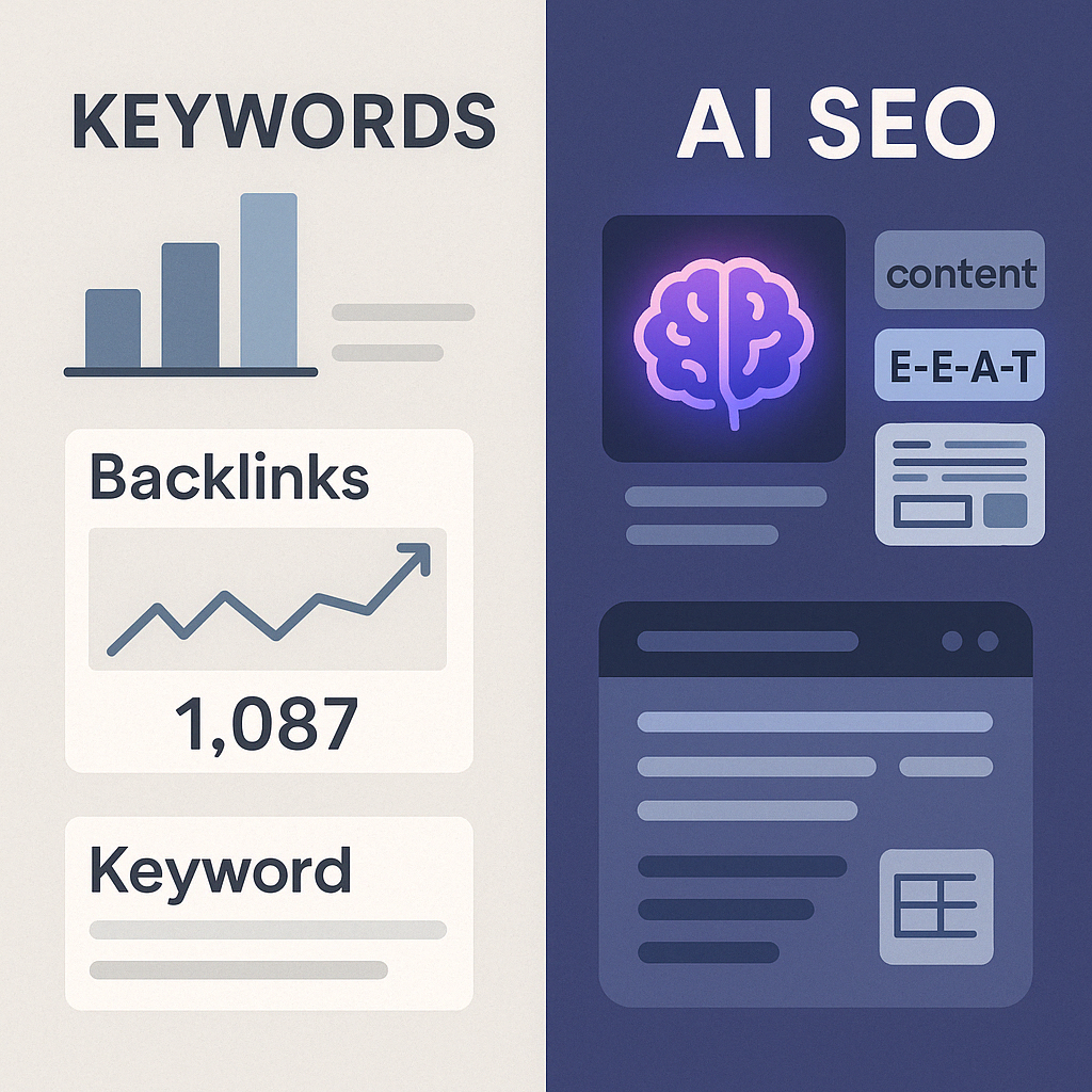 Illustration comparing outdated keyword-focused SEO tactics with modern AI-powered SEO strategies in 2025, showing the shift from keyword stuffing to content quality and structured data.