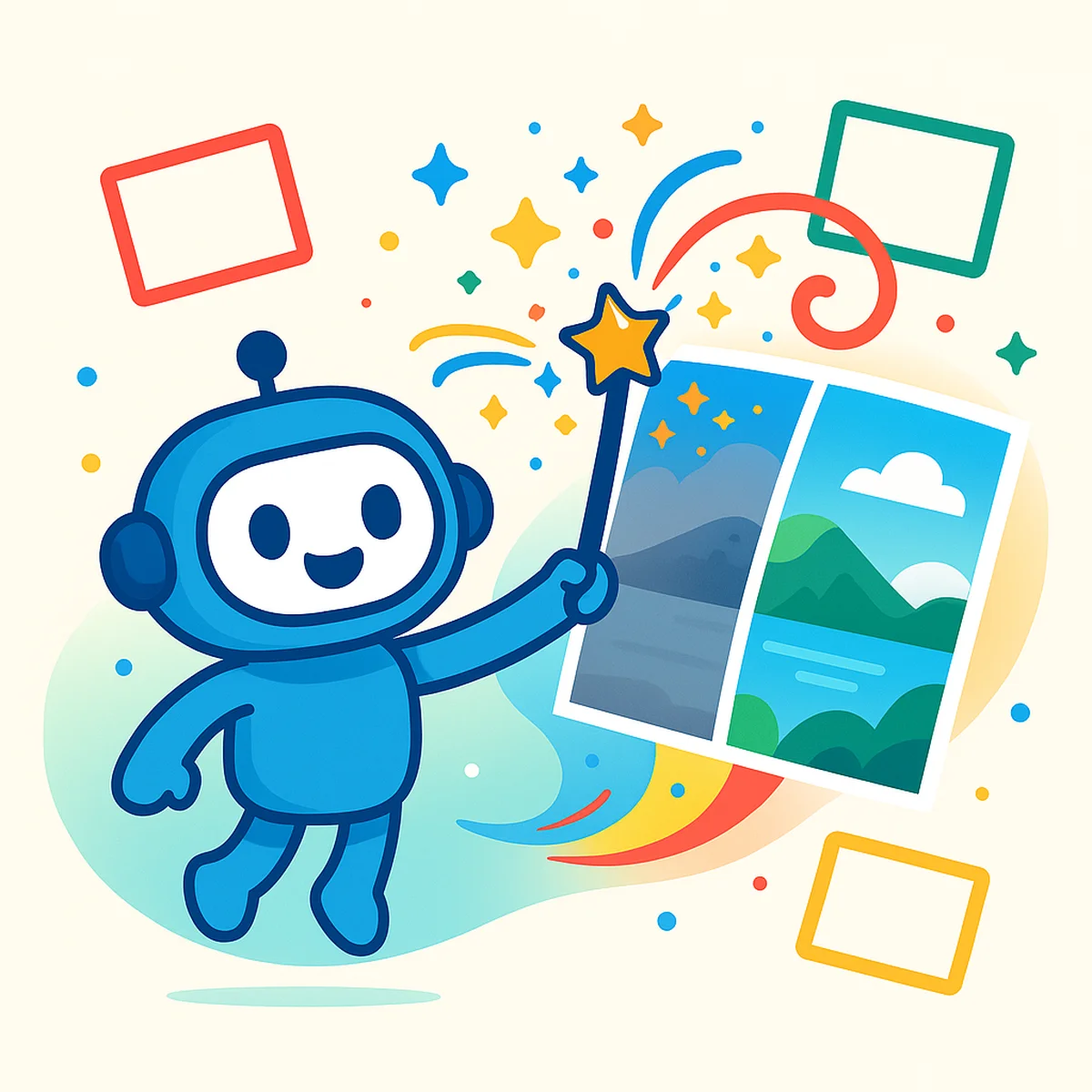 Cartoon robot using a magical wand to transform a split photo from dull to vibrant, with floating photo frames and sparkles in brand colors.