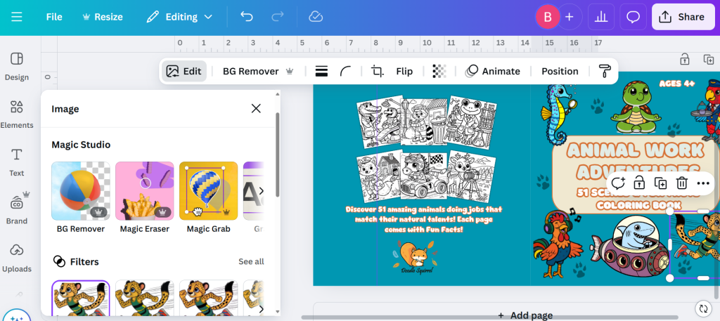 Screenshot of Canva's Magic Studio tools with Magic Grab, Magic Eraser, and BG Remover options visible, alongside a coloring book cover design in progress