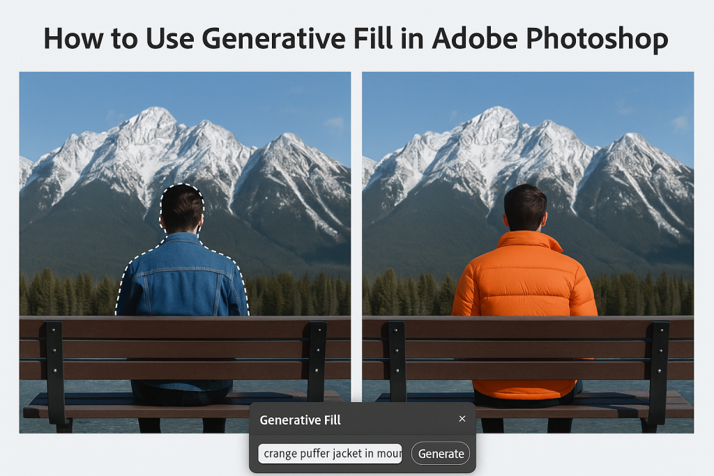 Side-by-side comparison showing Adobe Photoshop Generative Fill in action, replacing a blue denim jacket with an orange puffer jacket using AI.