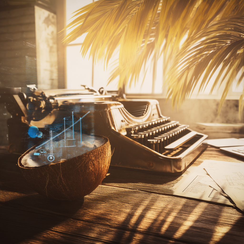A vintage typewriter beside a coconut projecting futuristic business charts, symbolizing the shift from traditional to AI-enhanced business planning.