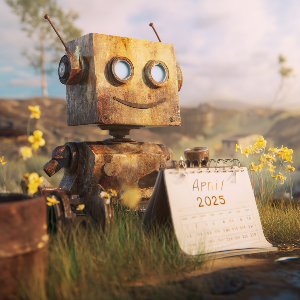 A friendly, rustic robot smiling next to a calendar marked April 2025, symbolizing the latest AI trends and innovations discussed on Explore AI Together.