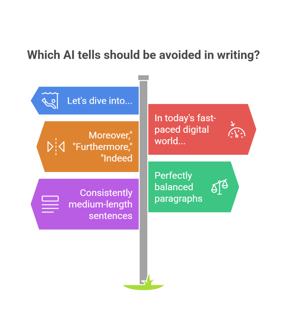 Infographic showing five common AI writing tells to avoid, arranged as colored arrows on a vertical timeline: 'Let's dive into...', 'Moreover, Furthermore, Indeed', 'Consistently medium-length sentences', 'In today's fast-paced digital world...', and 'Perfectly balanced paragraphs'