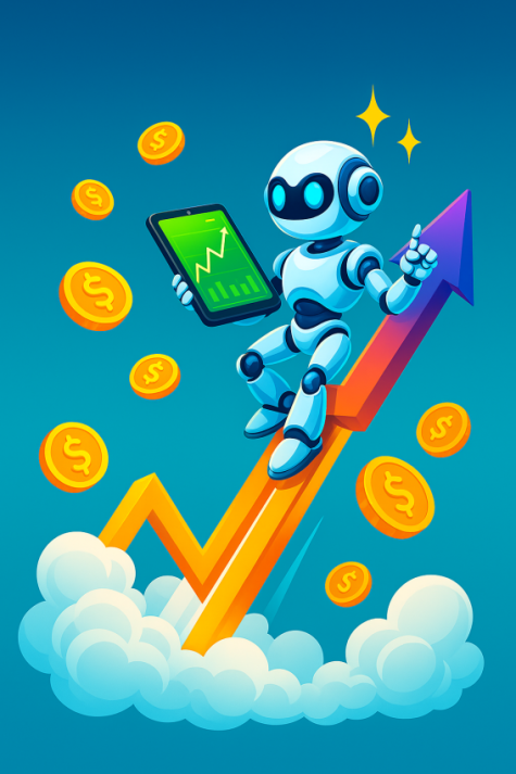 A robot riding a stock market trend up while monitoring a stock market app on a phone.