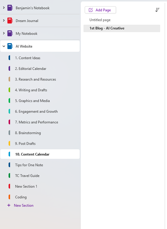 List of my current OneNote sections