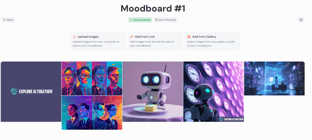 Screenshot of Midjourney mood board interface showing a collection of AI-themed images including colorful pop-art style portraits, cute robots, clocks, and futuristic workspace scenes in vibrant blues, purples, and oranges