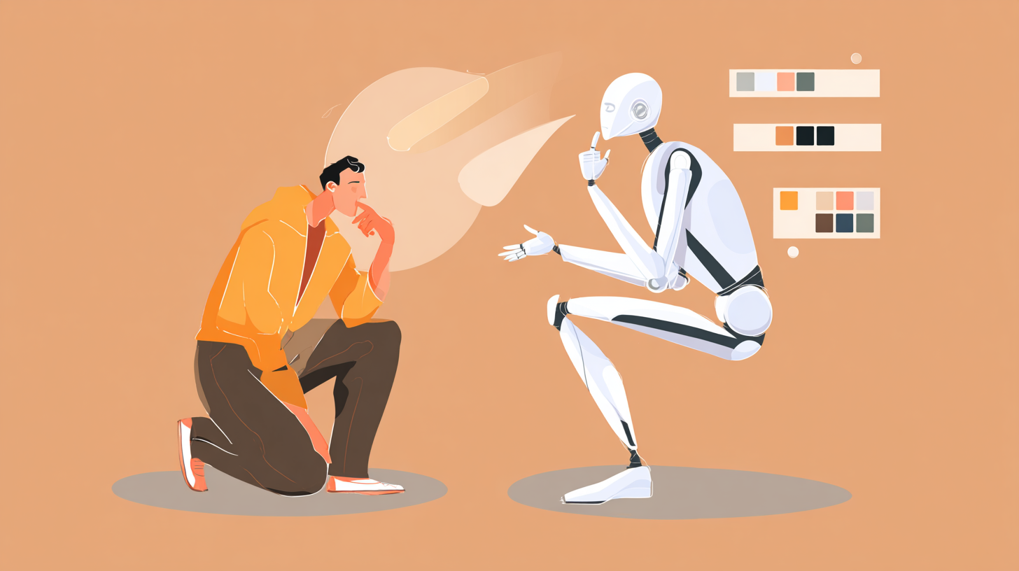 A person in an orange hoodie kneeling and listening thoughtfully while a friendly white robot sits cross-legged, gesturing as if explaining design concepts, with color palette samples floating in the background