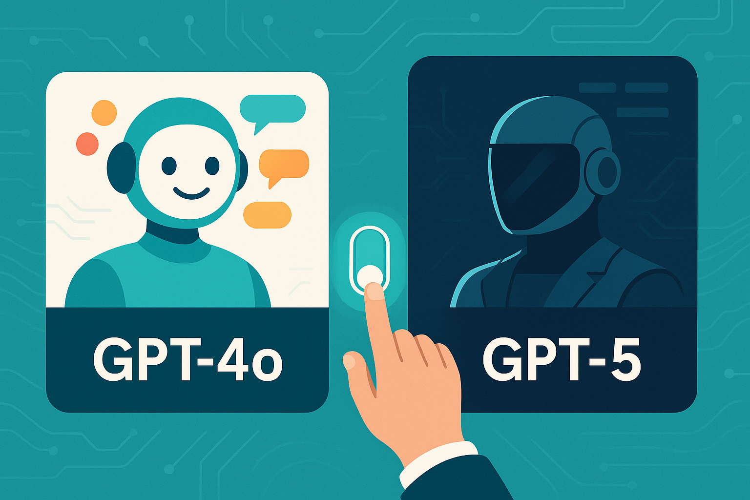 Hand flipping toggle switch between GPT-4o (friendly AI with chat bubbles) and GPT-5 (sleek robotic AI) interfaces