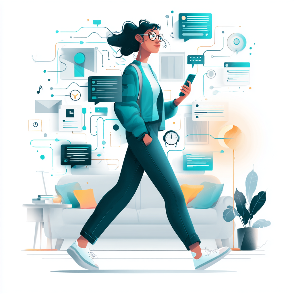 Illustration of a woman walking indoors while holding a smartphone, surrounded by floating digital icons and AI-generated text bubbles representing ideas being organized in real time.