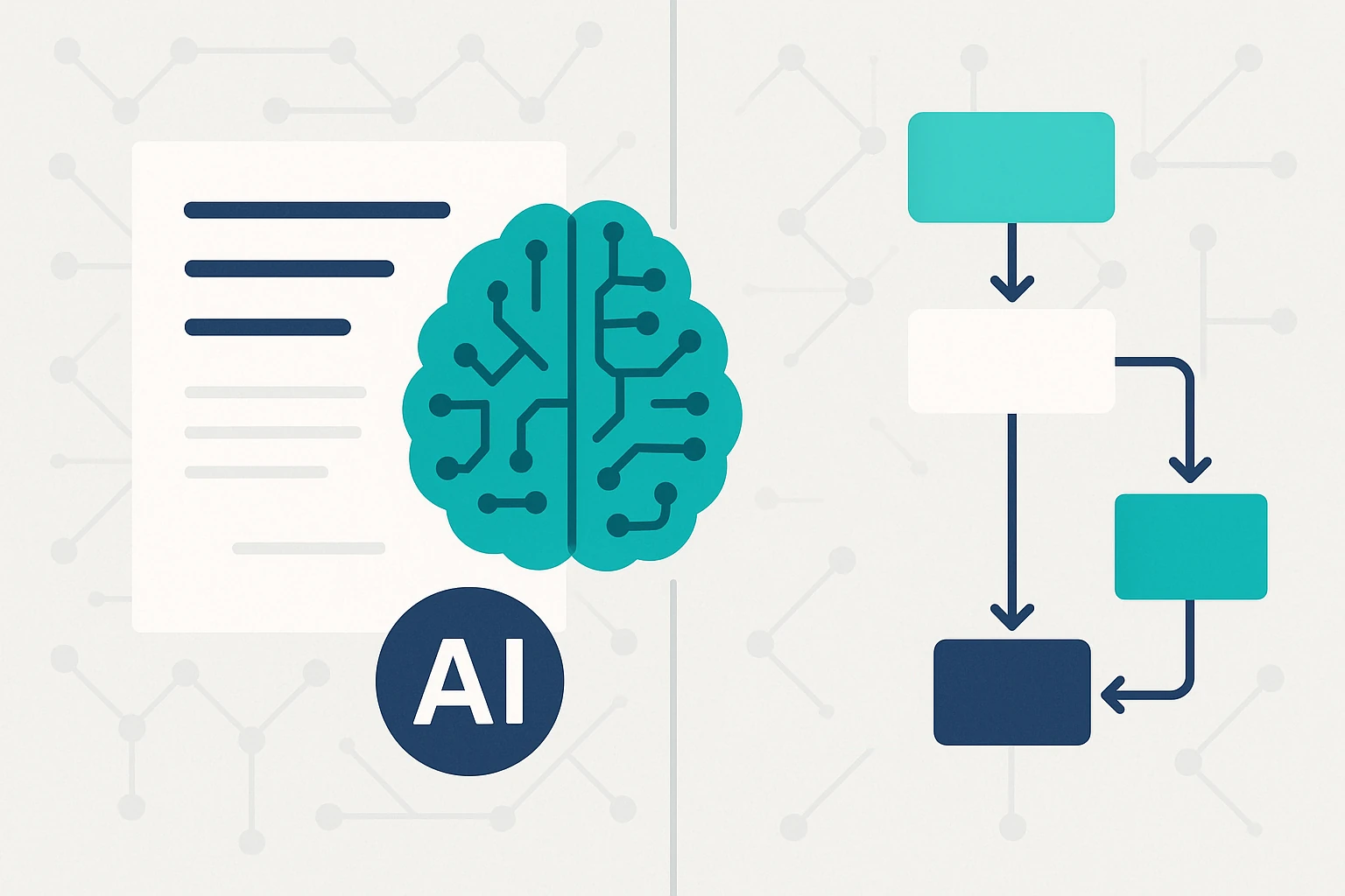 Split-screen illustration showing AI brain processing text lines on left and generating teal flowchart boxes with arrows on right