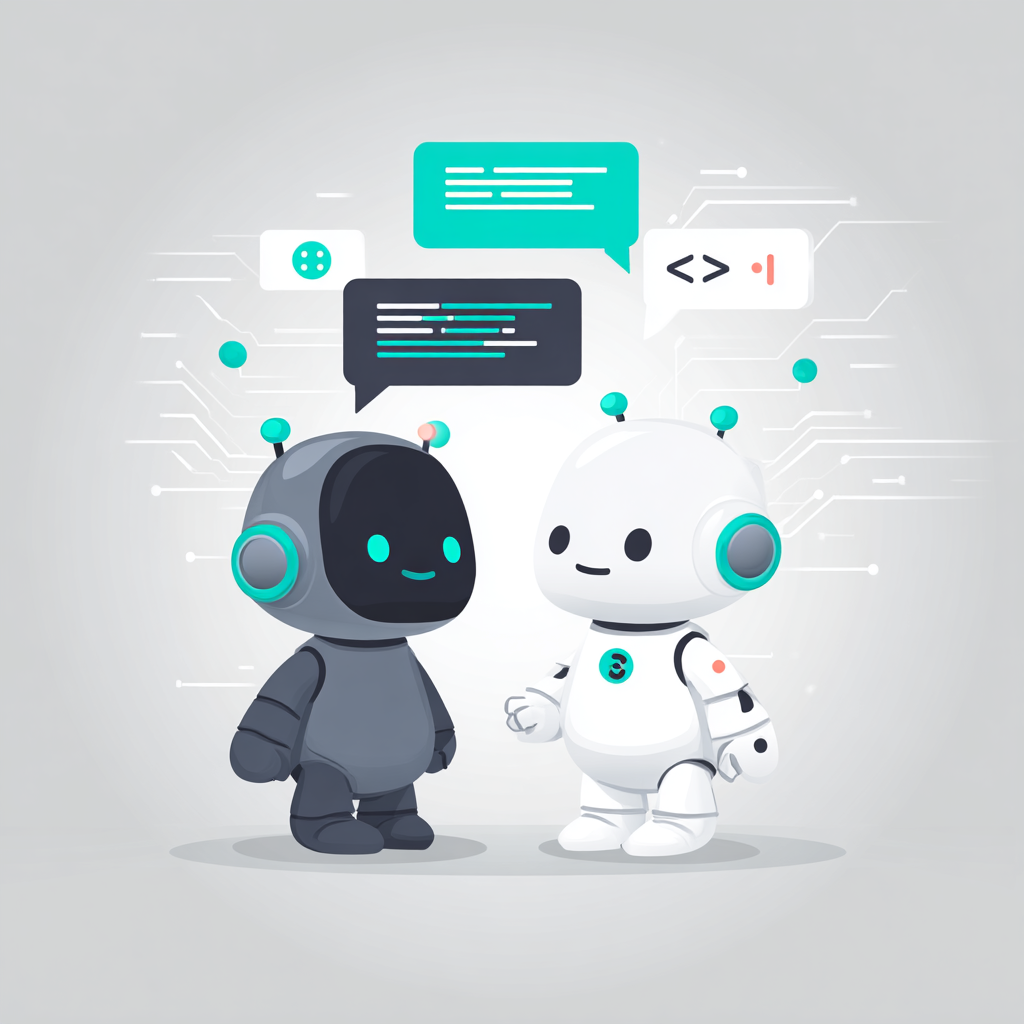 Two friendly AI robots having a conversation with chat bubbles and code elements in Explore AI Together brand colors