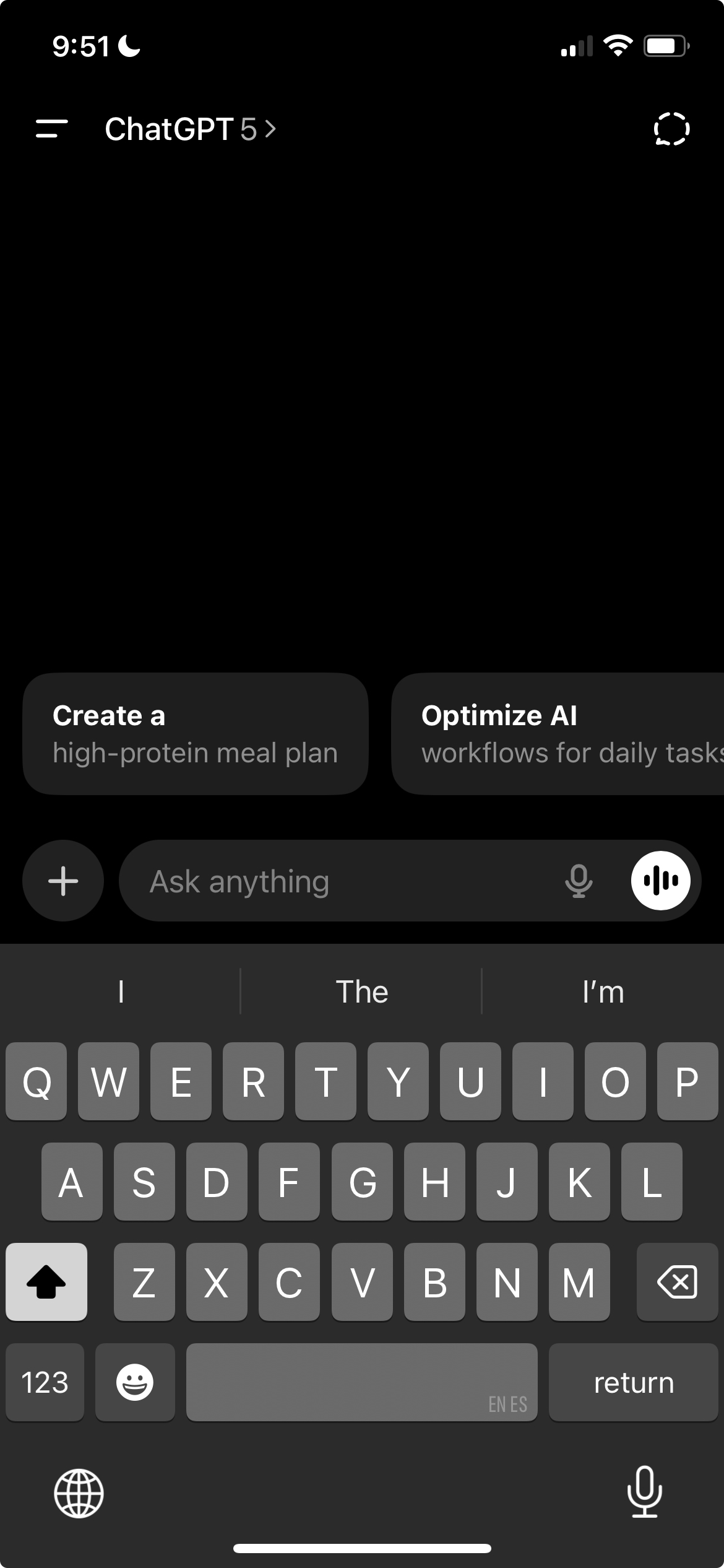 ChatGPT mobile app interface showing the home screen with microphone button