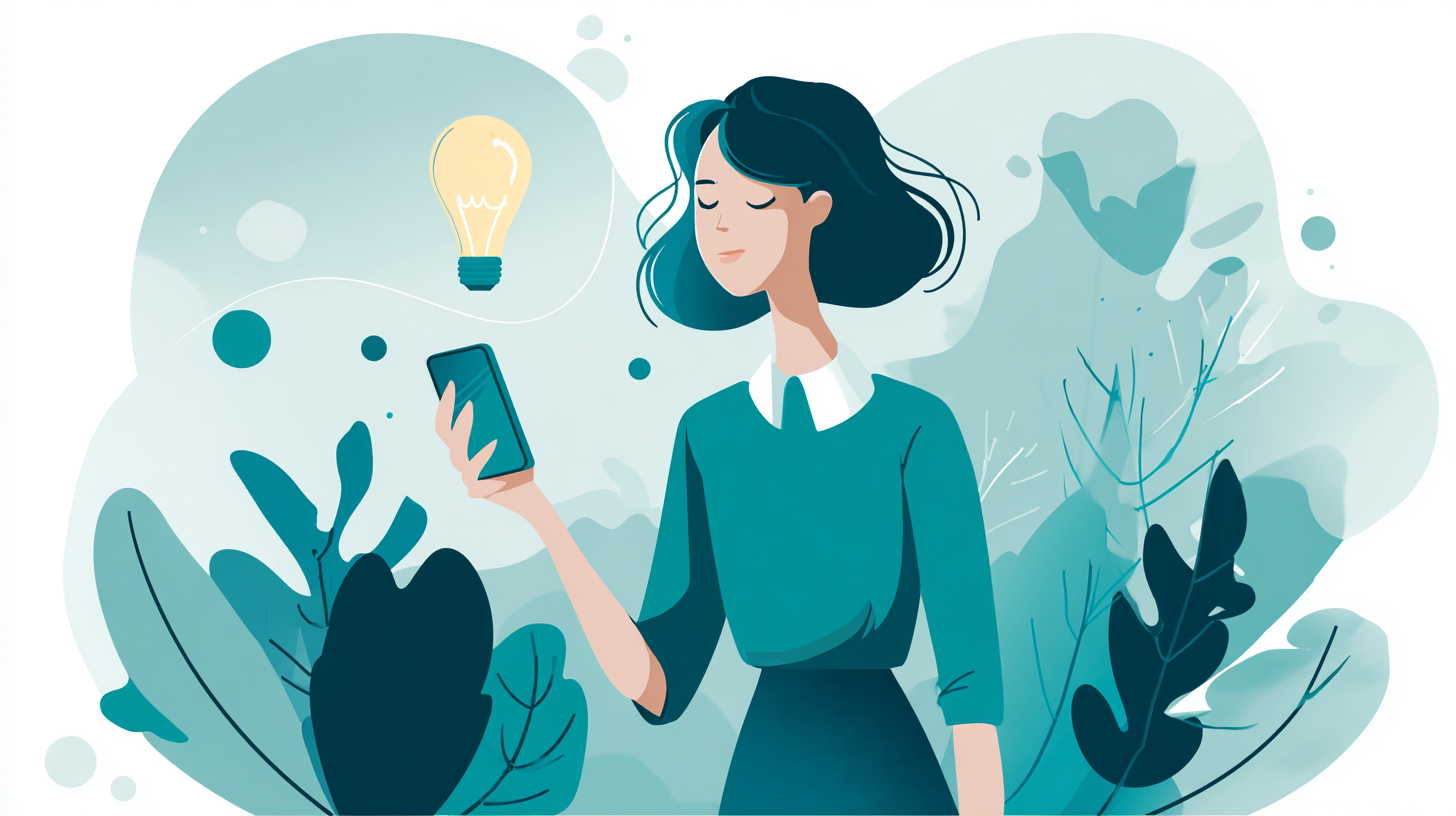 Illustration of a beginner using AI on a phone with a lightbulb idea icon