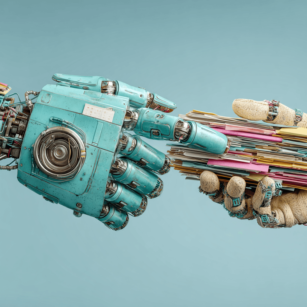 Teal robot hand and human hand meeting in handshake exchanging colorful office documents representing Claude AI file creation partnership