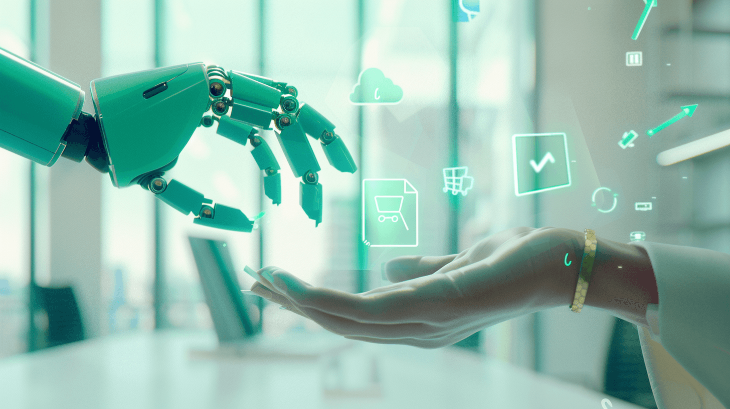 Teal robotic hand reaching toward human hand with floating digital icons representing Word documents, Excel spreadsheets, checkmarks, and cloud storage in soft-focus office environment