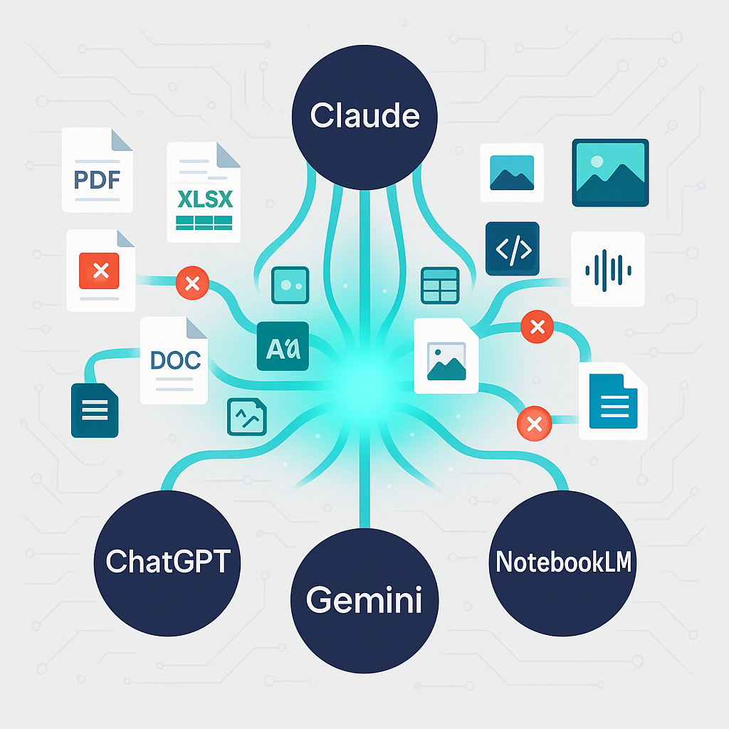 Diagram showing file type compatibility for ChatGPT, Claude, Gemini, and NotebookLM with supported and unsupported formats