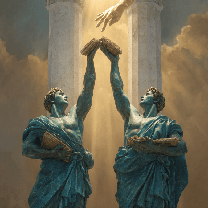 Twin Greek bronze statues reaching upward to pass ancient tablets to a divine hand descending from golden heavens between classical columns