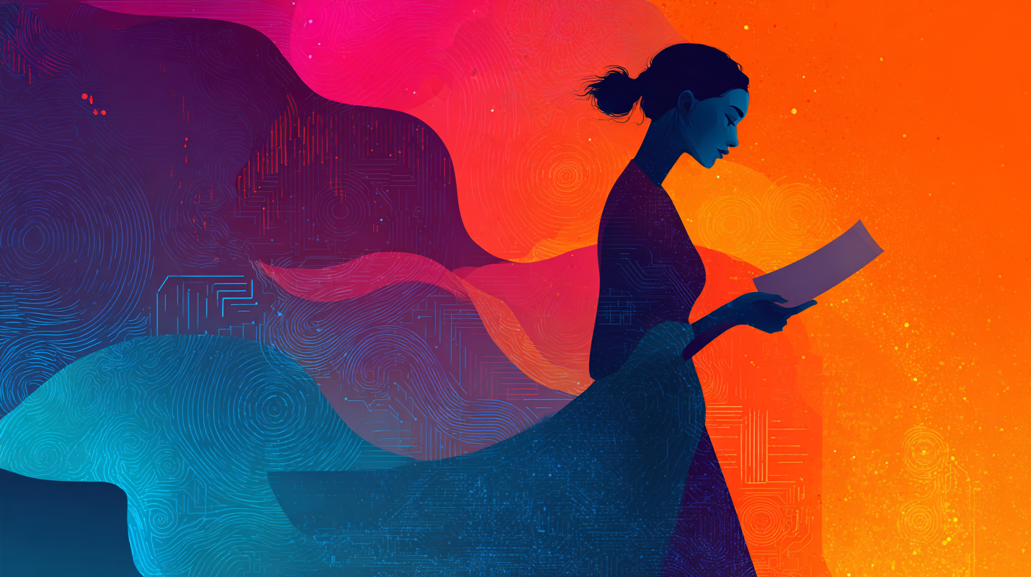 Silhouette of person analyzing insurance documents with flowing AI data streams in vibrant purple, pink, cyan and orange gradient background with circuit patterns