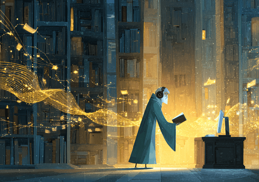 Mysterious librarian in teal robes standing in vast ancient library, with golden audio waveforms flowing from books toward modern computer desk