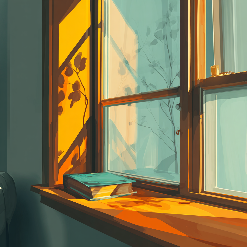 A peaceful windowsill with stacked books bathed in warm golden evening light, with teal walls and a view of bare branches outside