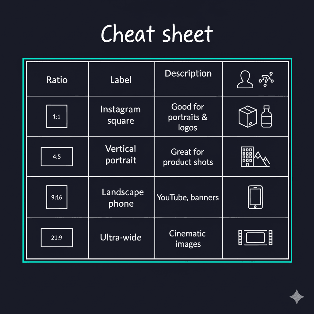 Nano Banana aspect ratio cheat sheet showing 1:1 square, 4:5 portrait, 9:16 vertical, and 21:9 ultrawide formats with use cases