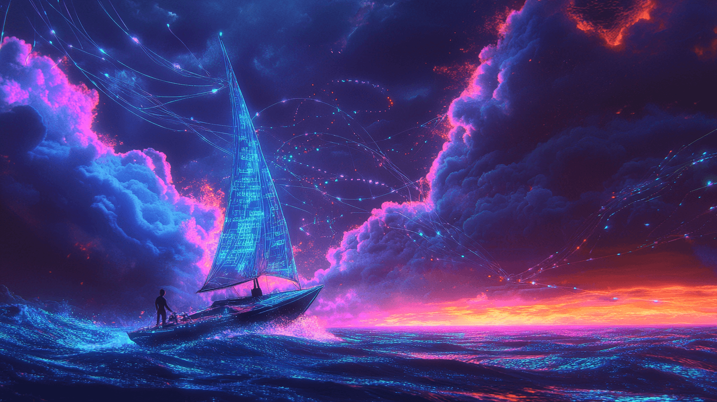 Person sailing through vibrant storm with glowing beacon trails connecting to distant shores, representing ADHD navigation with AI assistance