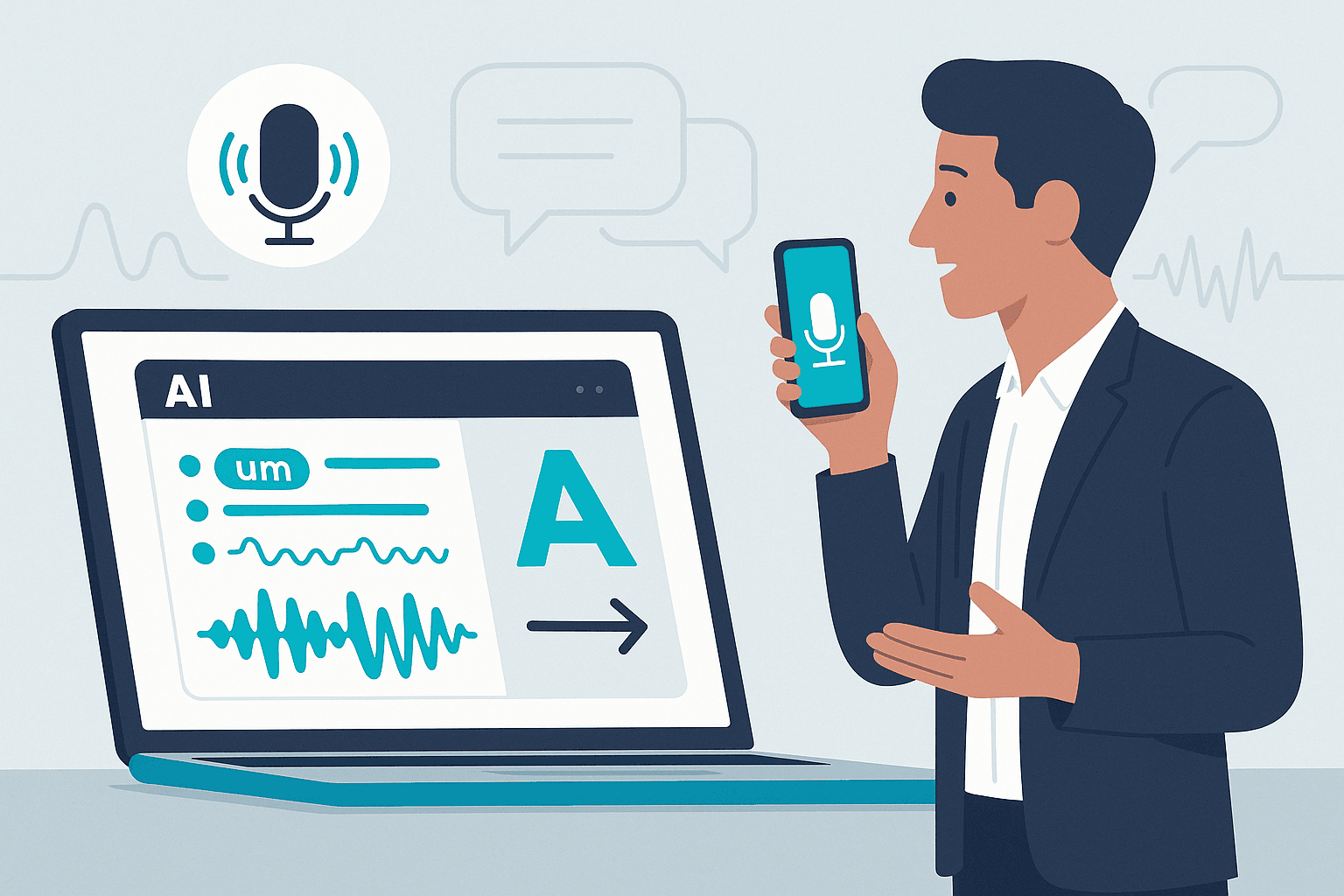 Professional using smartphone to record presentation while AI analyzes speech patterns on laptop showing filler words and grade