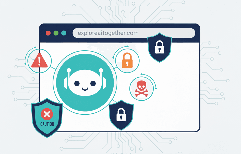 Vector illustration showing AI browser security concerns with warning symbols and protective shields