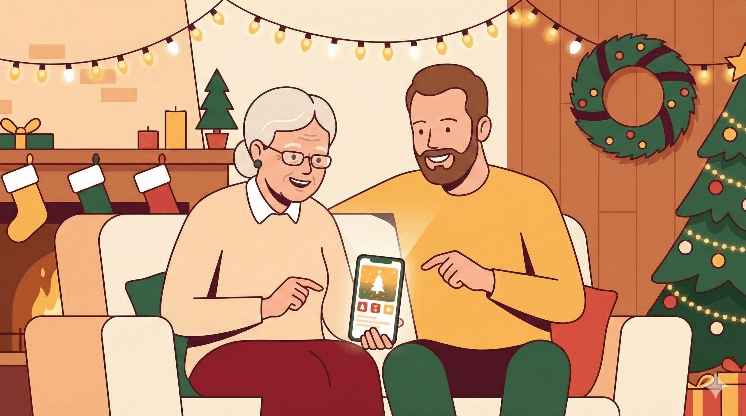 Younger man helping older family member with phone during holiday gathering