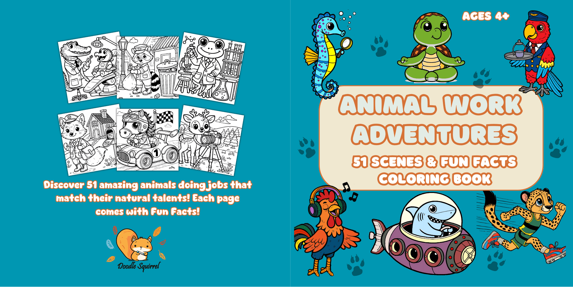 Animal Work Adventures coloring book cover showing animals with jobs like DJ rooster, submarine shark, and running cheetah