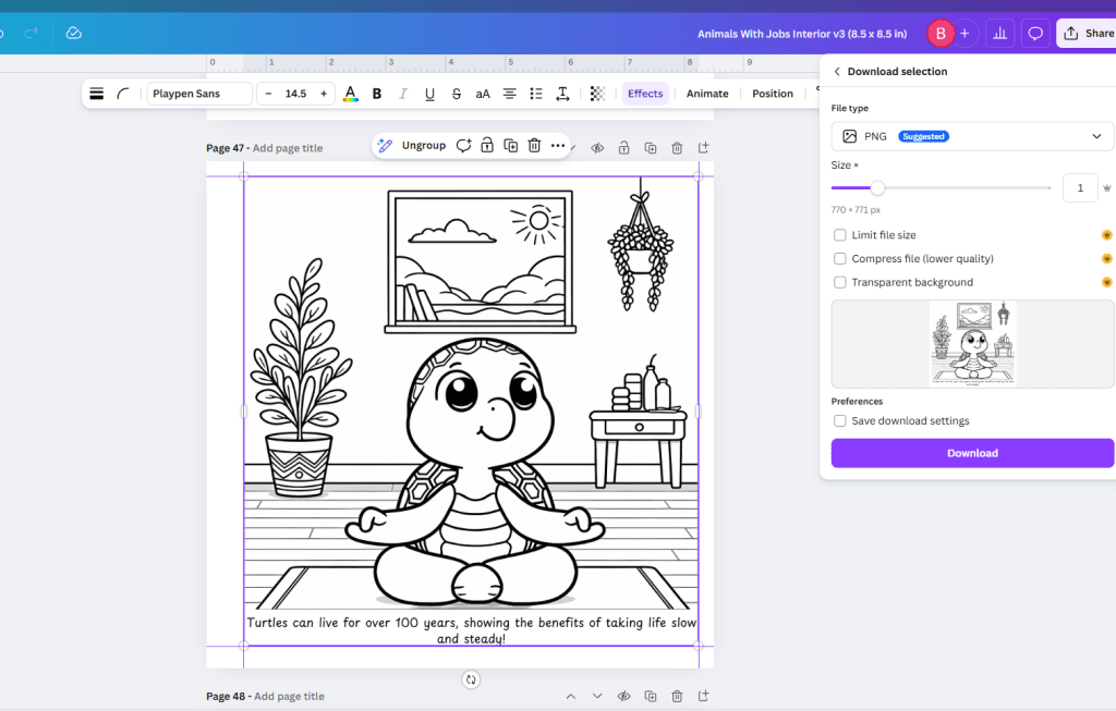 Canva editor showing a coloring book page layout with Amazon KDP safe margins highlighted