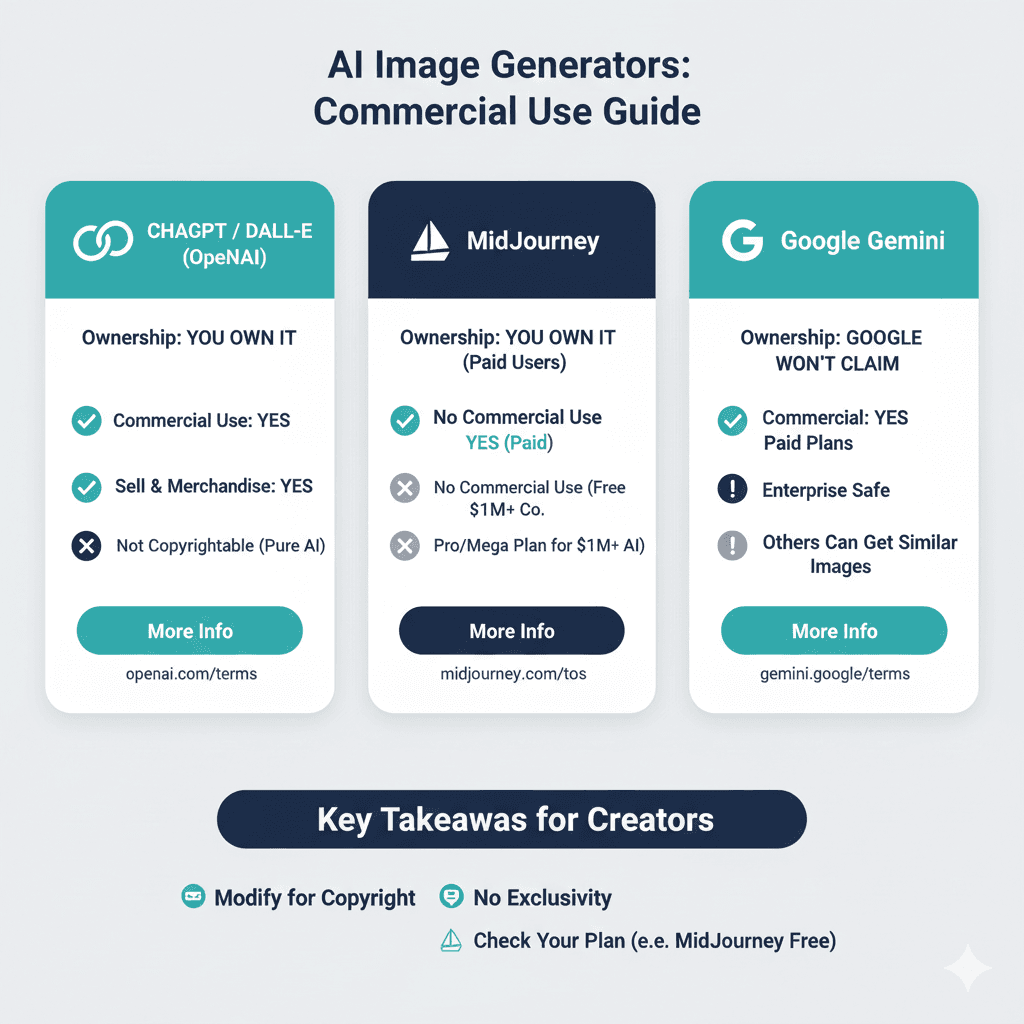 Infographic comparing commercial use rights for DALL-E, MidJourney, and Google Gemini AI image generators