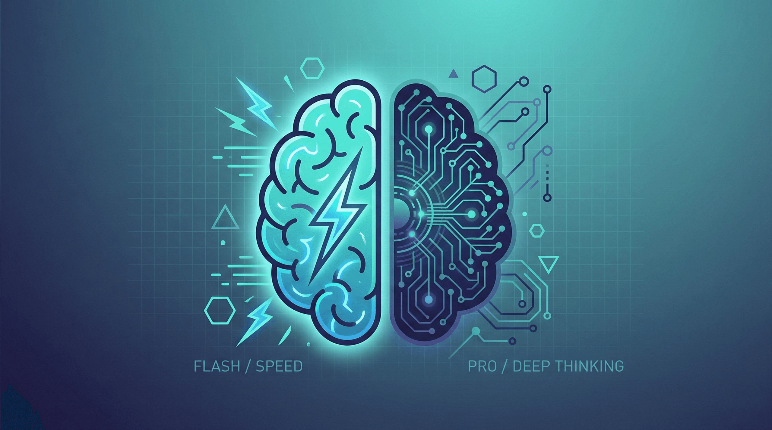 Illustration showing Gemini 3 Flash speed versus Pro deep thinking, visualized as a split AI brain in teal and navy