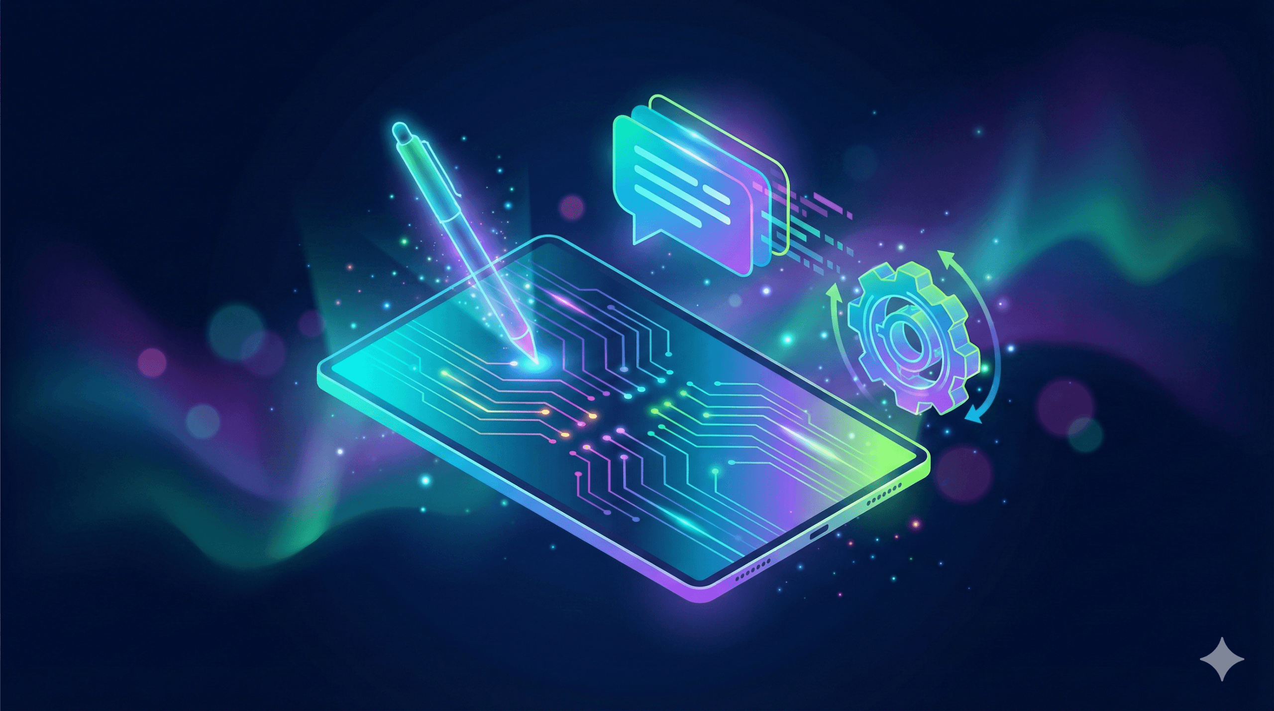 Glowing tablet with circuit board, stylus pen, chat bubbles, and automation gear representing Gemini AI in Google Sheets