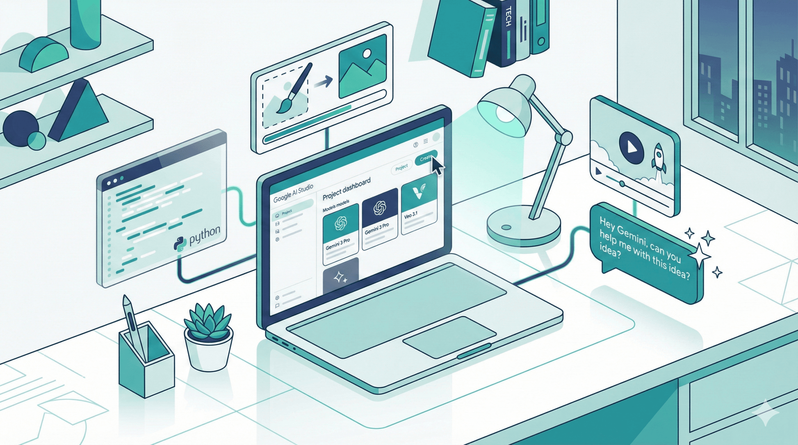 Google AI Studio workspace illustration showing chat, build, and media generation features