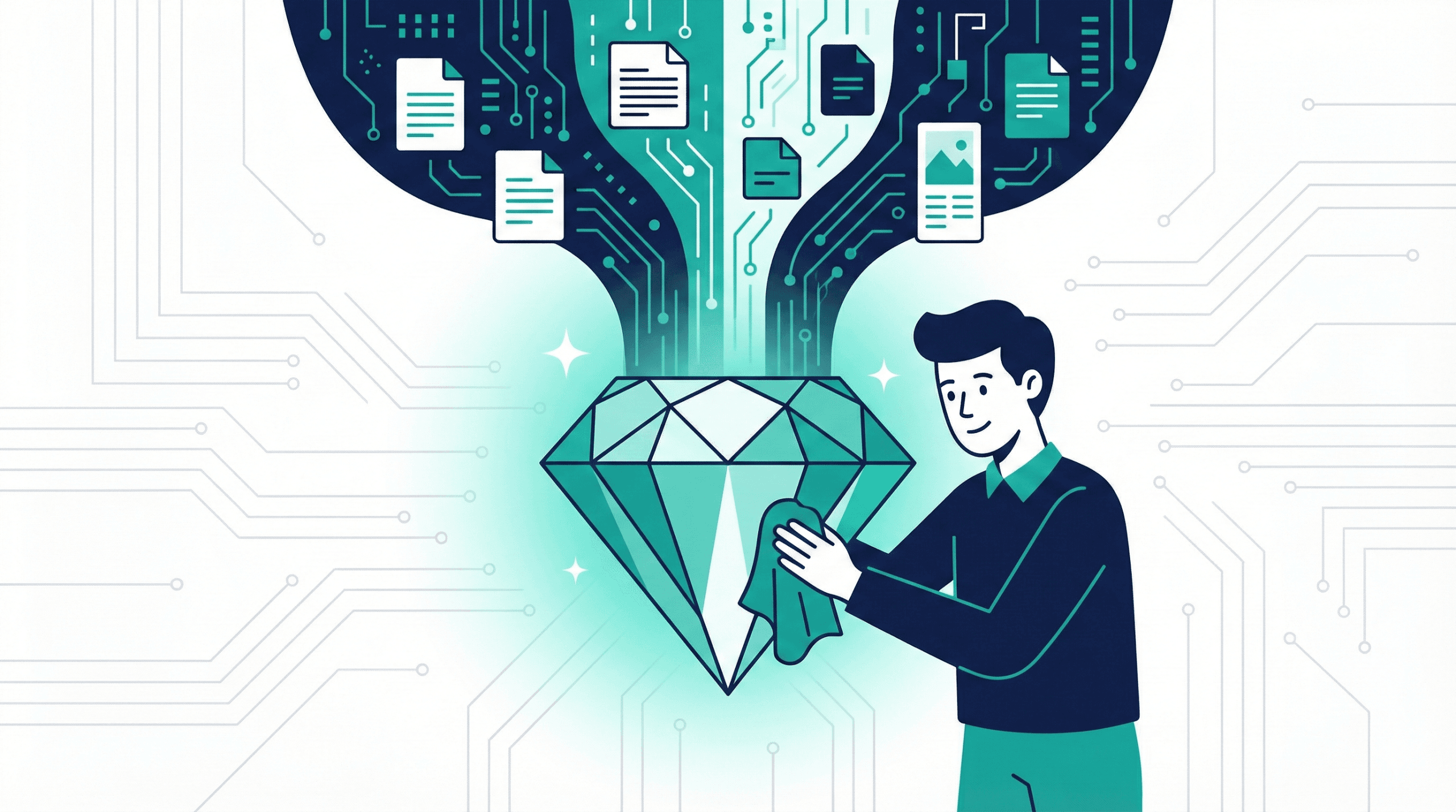 Illustration of person polishing a glowing teal gem while documents flow into it from above