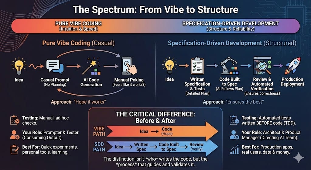 Diagram comparing pure vibe coding with specification-driven development, showing the workflow and roles in each approach.