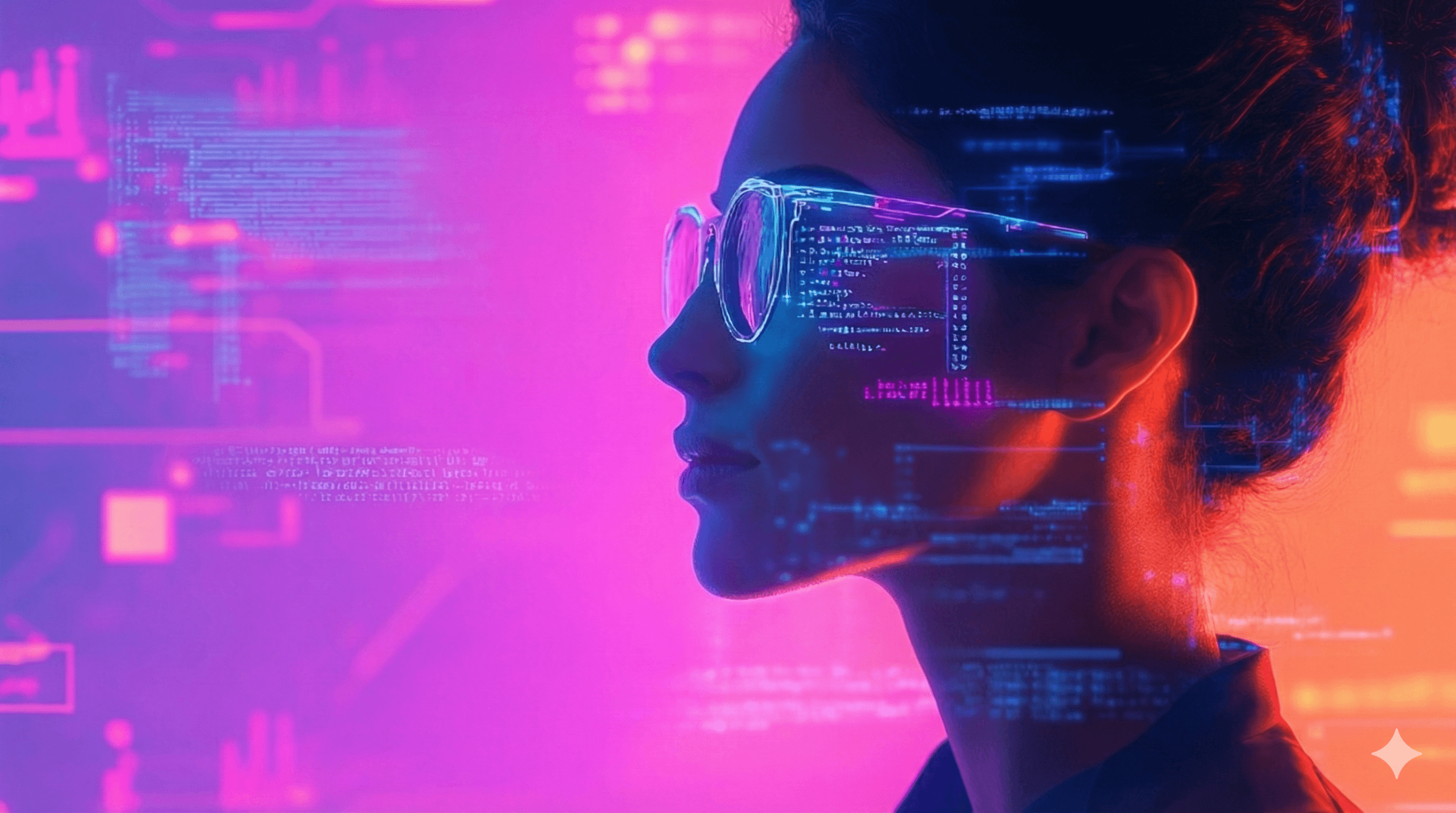Developer with holographic code reflected in glasses against vibrant pink and purple gradient background representing vibe coding with AI