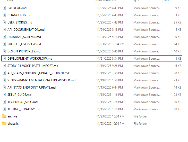 Screenshot of project documentation files used to manage an AI-assisted vibe coding project.