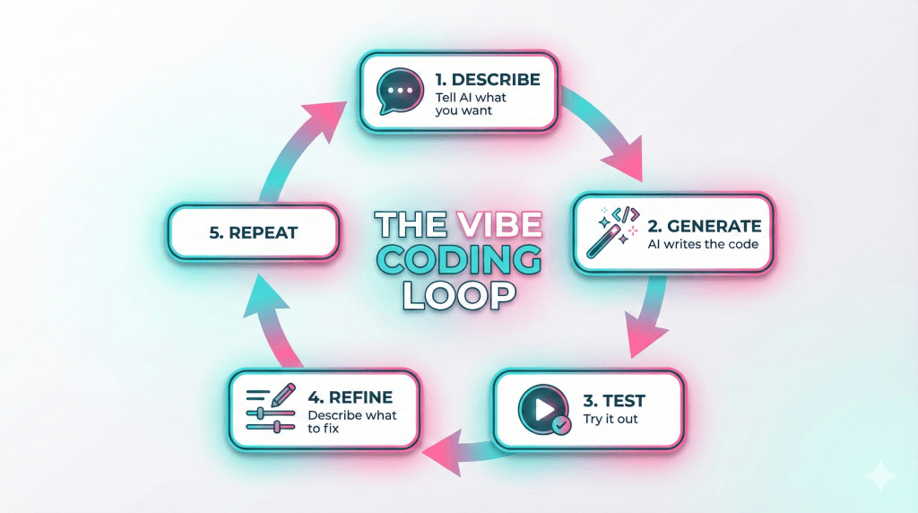 The Vibe Coding Loop infographic showing 5 steps: Describe, Generate, Test, Refine, Repeat in circular flow